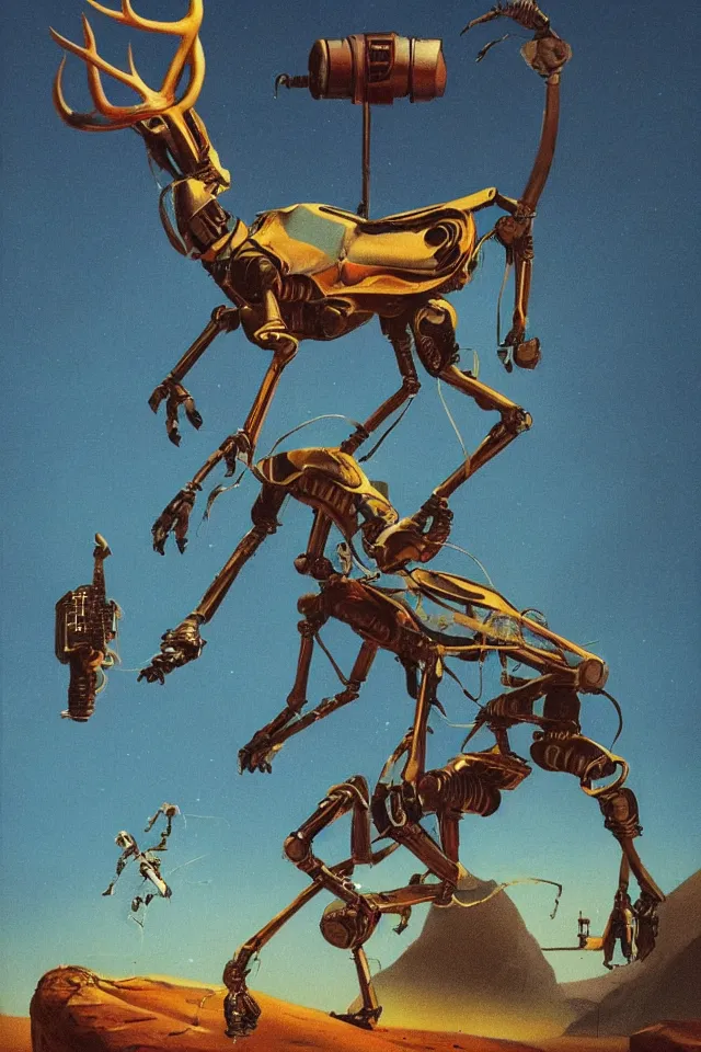 Prompt: a 1970s sci-fi book cover of an alien deer approaching a fallen robot in a desert in the style of Pascal Blanché