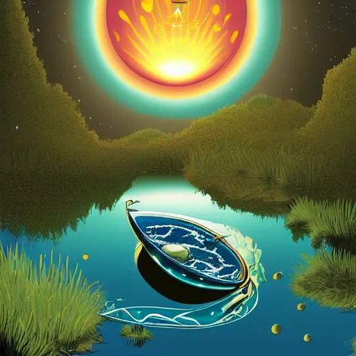 Image similar to A shiny vector art of a gem floating over a lake by Jeff Easley, 8k UHD