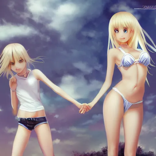 Image similar to tiny father a tall daughter picture : a very beautiful young blond anime girl, sky blue eyes, bikini, white miniskirt, highly detailed, cinematic wallpaper by stanley artgerm lau