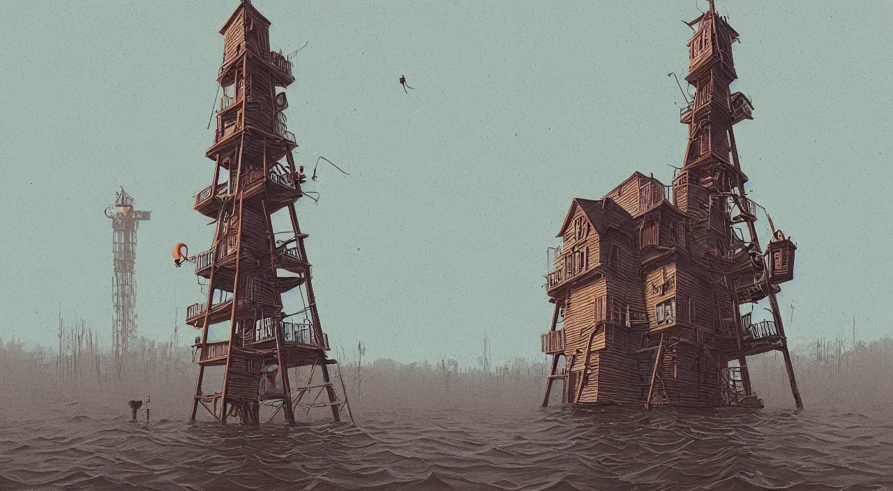 Prompt: single flooded simple wooden tower, very coherent and colorful high contrast ultradetailed photorealistic masterpiece by casey weldon simon stalenhag, dark shadows, sunny day, hard lighting