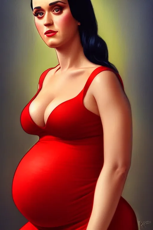 Image similar to pregnant katy perry in a red dress, realistic portrait, symmetrical, highly detailed, digital painting, artstation, concept art, smooth, sharp focus, illustration, cinematic lighting, art by artgerm and greg rutkowski and alphonse mucha