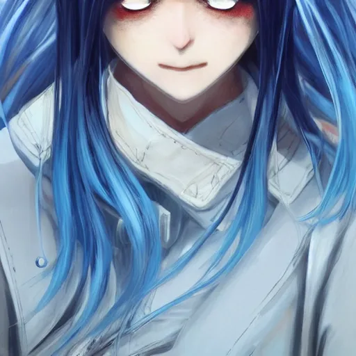 Image similar to profile shot of rimuru tempest, sky blue, straight hair, long bangs, amber eyes, wearing a black jacket!! with white stripes, high collar, highly detailed, unreal engine 5, digital painting, cinematic, wlop | artgerm, pixiv, yoshitaka amano, greg rutkowski, ilya kuvshinov, andy warhol