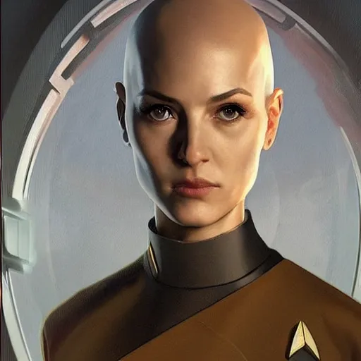 Prompt: a bald serbian!!! young woman as a star trek captain, wearing a grey uniform, still from star trek painted by artgerm and greg rutkowski and alphonse mucha. clear highly detailed face, beautiful sci fi art