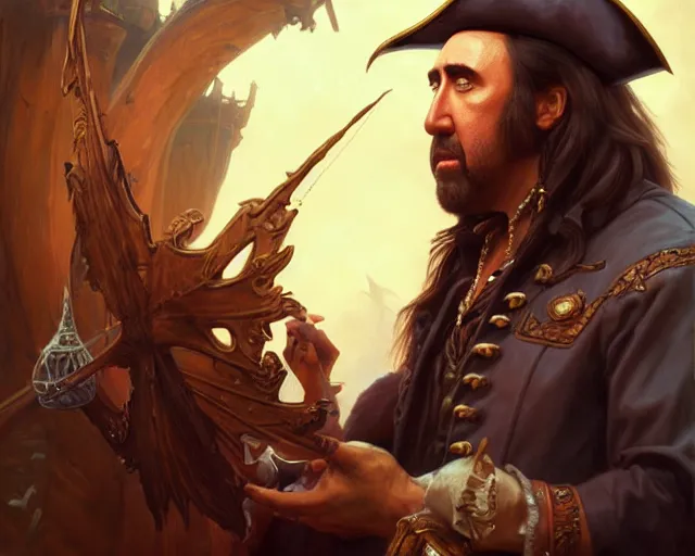 Image similar to nicolas cage as a pirate, deep focus, d & d, fantasy, intricate, elegant, highly detailed, digital painting, artstation, concept art, matte, sharp focus, illustration, hearthstone, art by artgerm and greg rutkowski and alphonse mucha