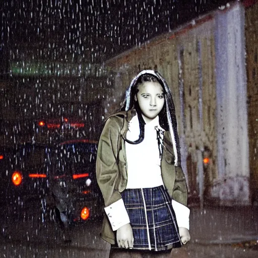 Image similar to night flash portrait photography of a high school girl in uniform on the lower east side by annie leibovitz, colorful, nighttime!, raining!