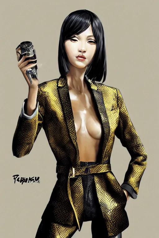 Image similar to yakuza slim girl, gold suit jacket in snake print, jacket over bare torso, yakuza tattoo on body, black short curtain haircut, black leather pants with black belt, portrait, elegant, 2d, ultra highly detailed, digital painting, smooth, sharp focus, artstation, art by Ilya Kuvshinov, rossdraws