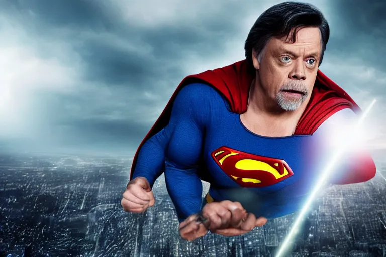 Prompt: promotional image of mark hamill as superman in the new superman movie, detailed face, movie still frame, promotional image, imax 70 mm footage