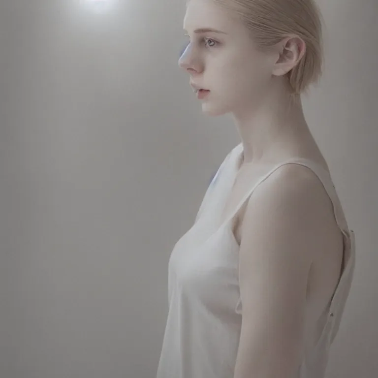 Image similar to cute annie leonhart in a white room, beautiful face, pale skin, rule of thirds, cinematic lighting, rainy weather, melancholy atmosphere, sharp focus, backlit, stunning, model agency, smooth, hard focus, full body shot, instagram photo, shot on iphone 1 3 pro max, hyper realistic,