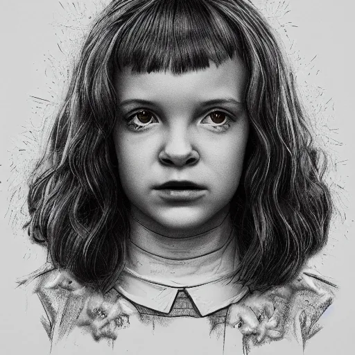 Image similar to portrait of Eleven from the stranger things by Mazzoni Marco,dark ,detailed ,flowers!!! On hair ,portrait,