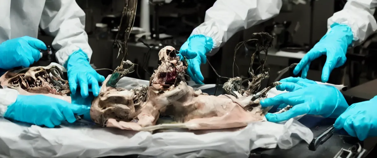 Image similar to filmic dutch angle extreme closeup movie still 4 k uhd 3 5 mm film color photograph of hands wearing surgical gloves dissecting a deceased mysterious grotesque alien specimen in a lab