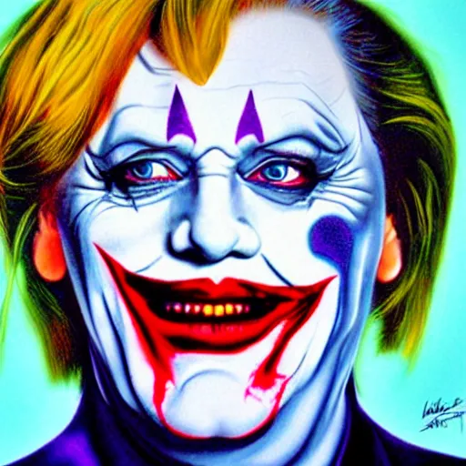 Image similar to angela merkel is the joker, airbrush art, drew struzan illustration art, key art, portrait