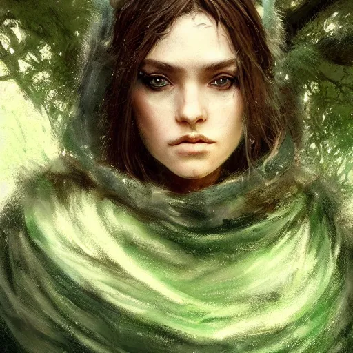Prompt: masterpiece closeup portrait of an elf druid in a green cloak with messy brown hair by Greg Rutkowski, 4k, masterpiece, cinematic, dungeons and dragons, detailed