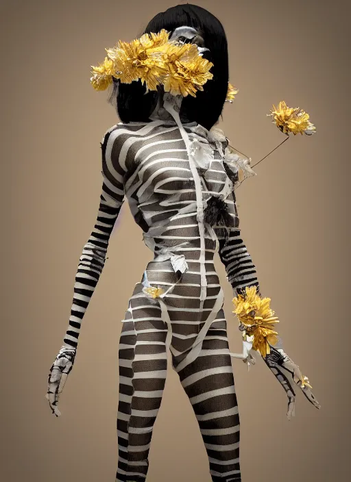 Image similar to an anthromorphic beautiful bee woman wearing striped couture made out of wax and paper and flower petals, at a fashion shoot, by issey miyake, trending on Art Station, 3D, octane render,