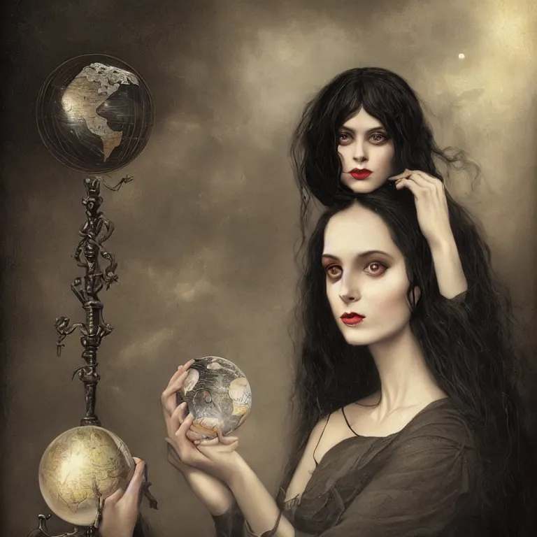 Image similar to a woman in black with long hair holding a small globe by tom bagshaw