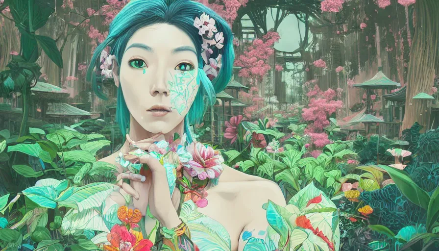 Image similar to a digital painting of a woman in the distance wearing gucci exploring a magical japanese temple, lush plants and flowers, eco - cyberpunk art by james jean, cgsociety, retrofuturism, anime aesthetic, chromatic, iridescent, uhd