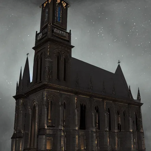 Image similar to victorian church in the middle of the city, dark, misty, at night, 8 k, detailed, concept art, trending on artstation