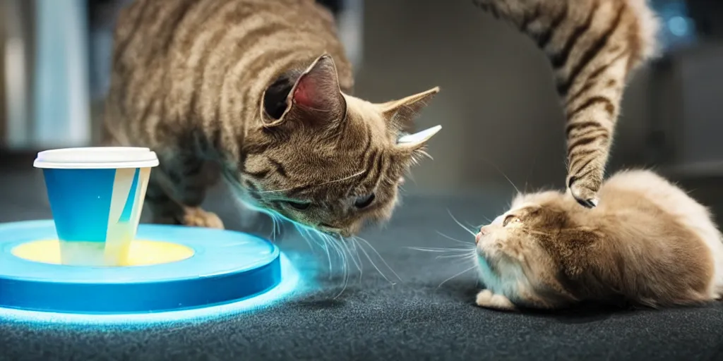 Image similar to tron cat knocking over a coffee cup with a disk