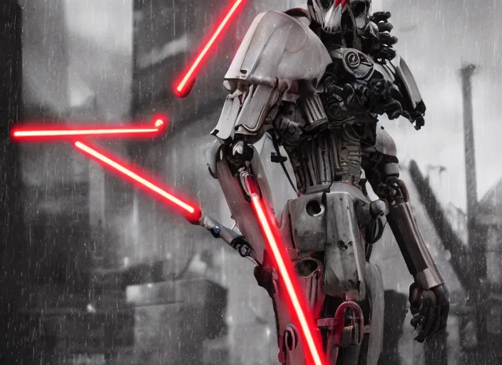 Prompt: 3 5 mm portrait photo of general grievous with heavy duty biomechanical cybernetic body with 4 arms holding 4 activated red lightsabers in the city in the rain. cyberpunk horror style.