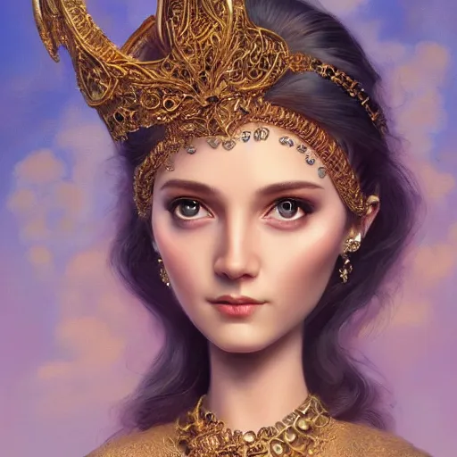 Prompt: an intelligent young goddess with a gold grown lookin at the camera, she has a beautiful unconventional face, intricate, elegant, highly detailed, digital painting, artstation, concept art, smooth, sharp focus, illustration, art by mark ryden and gaston bussiere 3 d 8 k ultra detailed