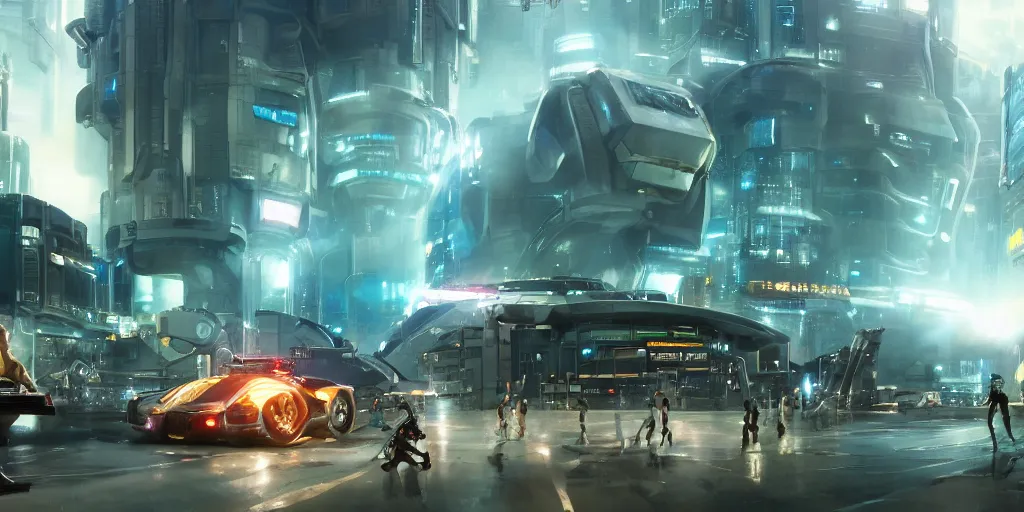 Prompt: exterior shot, ready player one, police department, scifi futuristic vehicles, robots , people , neon lights, james gurney, katsuhiro otomo, james paick, cinematic lighting, artstation, vibrant nature, anime style, Craig Mullins, Greg Rutkowski, Pete Morbacher, Tuomas Korpi, tekkon kinreet, volumetric light, artstation, , octane render, redshift render, low angle camera