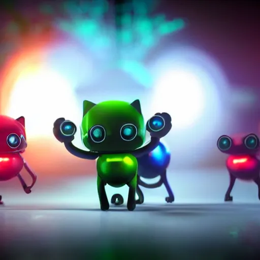 Image similar to promotional movie still wide - angle 3 0 m distance. nanorobots ( ( cat ) ) 1 million into the future ( 1 0 0 2 0 2 2 ad ). super cute and super deadly. nanorobots like disco music and dance - offs. cinematic lighting, dramatic lighting. octane 3 d, style saturday night fever