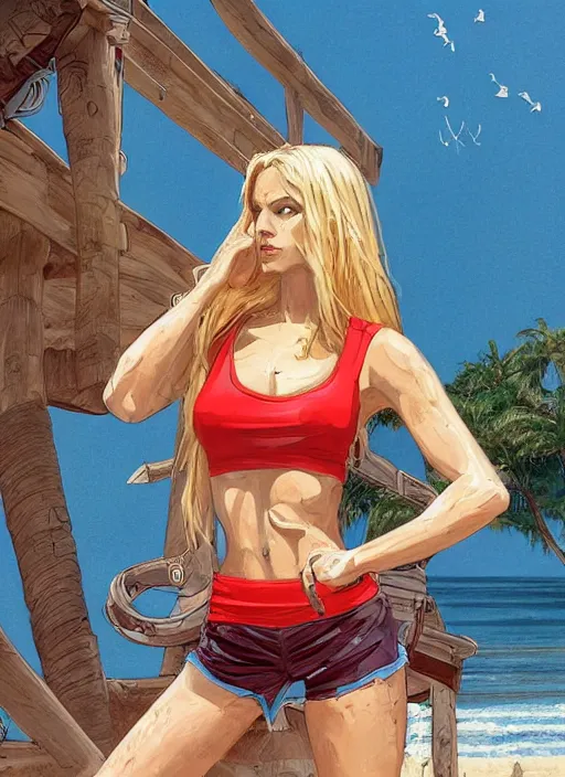 Image similar to , a gorgeous hulking woman with very long hip-length blonde hair, happy sunny day, wearing a cut-off white top and red dirt cut-off shorts standing by the water, beach tennis, modern architecture, in the style of artgerm and moebius and annie liebovitz, marvel comics, photorealistic, highly detailed, trending on artstation, Gediminas Pranckevicius