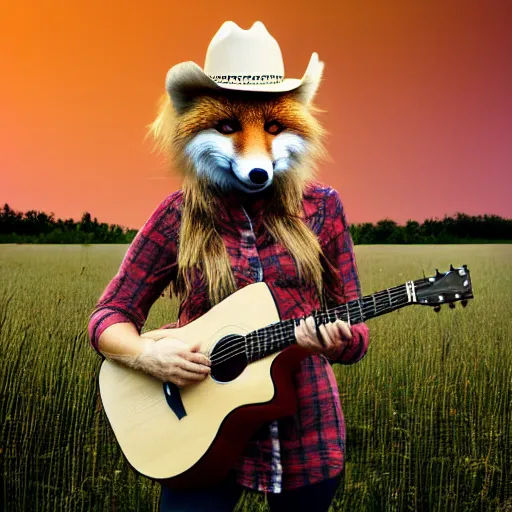 Image similar to a female fluffy anthropomorphic fox animal, head of fox, wearing cowboy hat, wearing plaid shirt, playing guitar, in a field, barn in background, album cover style