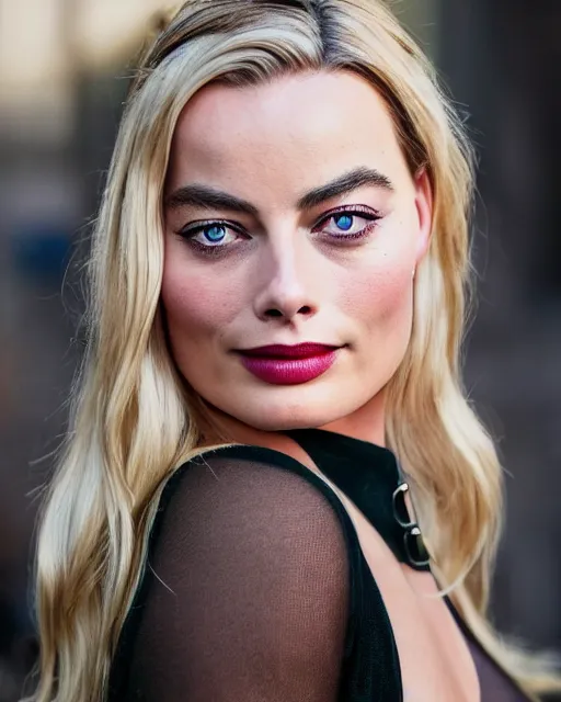 Image similar to A portrait of a margot robbie in a cosplay uniform, piercing eyes, highly detailed, bokeh, professional photograph, full body shot 4K, HD