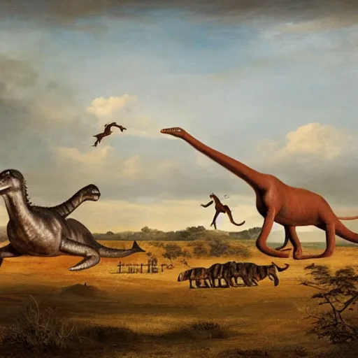 Prompt: hunters chasing a diplodocus in the plains