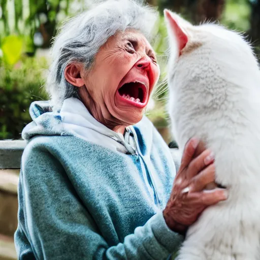 Prompt: elderly woman screaming at a cat, canon eos r 3, f / 1. 4, iso 2 0 0, 1 / 1 6 0 s, 8 k, raw, unedited, symmetrical balance, wide angle