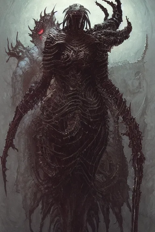 Prompt: portrait of samus metroid by hr giger, greg rutkowski and wayne barlowe as a diablo, dark souls, bloodborne monster, veiled necromancer lich bride