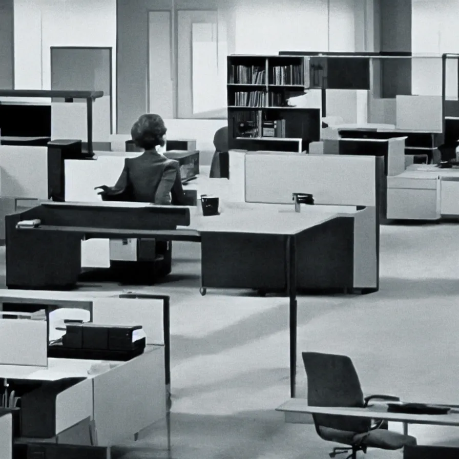 Image similar to a still of severance series indoor 7 0 s furniture office scenario appearing in a film of jacques tati