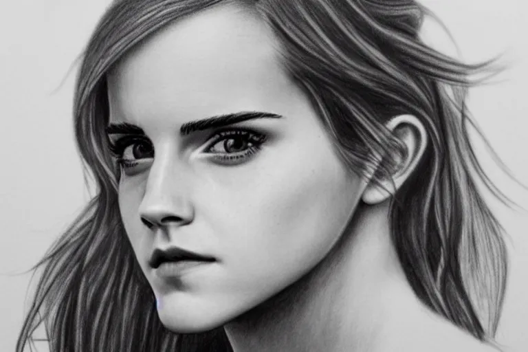 Image similar to emma watson, pencil, art, ultra realistic!!!, clear weather, golden hour, sharp focus