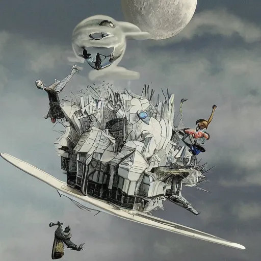 Image similar to full moon, travel upwards, flying, figurines, dreams, thoughts, travel, biplane, jets, tilt shift, physical, style of 3 d, occlusion, white clay, style of dave mckean, style of shuzo oshimi, style of will eisner, full of color, on white, smooth, thin sharp lines, detailed, octane render