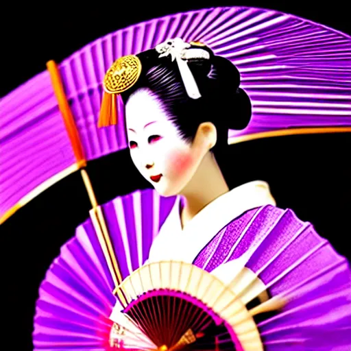 Image similar to Japanese geisha with beautiful violet paper fan, 4k photography, 30 mm lens, cinematic light, warm atmosphere, in style of Kar Wai Wong, cigarette smoke trail