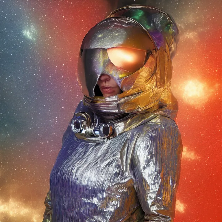 Image similar to dark and moody octane render portrait by wayne barlow and carlo crivelli and glenn fabry, subject is a woman covered in tie - dye aluminum foil space suit with a colorful metallic space helmet, surrounded by alien plants, fog and mist, cinema 4 d, ray traced lighting, very short depth of field, bokeh