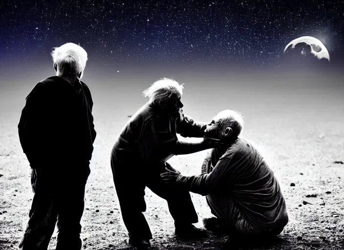 Prompt: photo pig kissing dirty homeless old man, moon, night sky,
