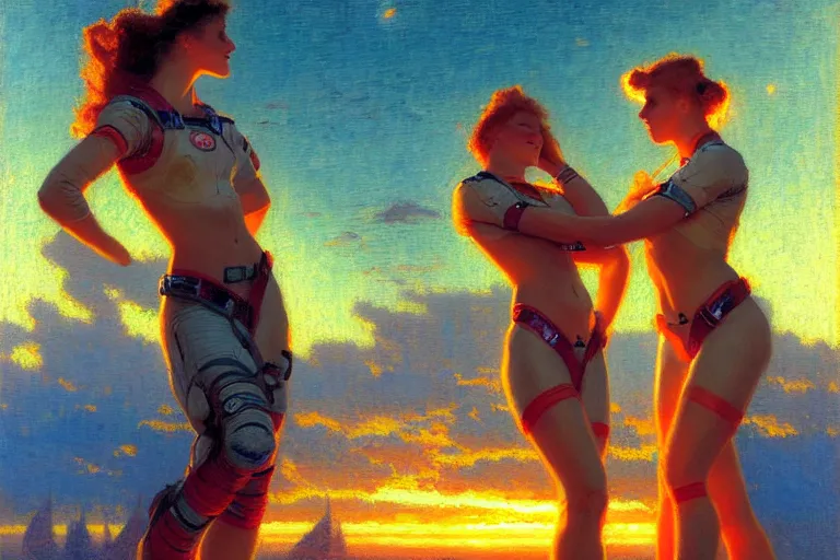 Image similar to stunning female astronauts, sunset, neon light, painting by gaston bussiere, craig mullins, j. c. leyendecker