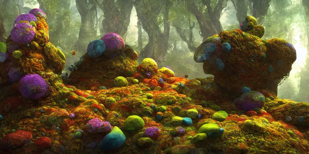 Image similar to Photorealistic levitating person made from colorful fungus tendrils. a gentle rising mist, an epic rocky landscape. occult photorealism, UHD, amazing depth, glowing, golden ratio, 3D octane cycle unreal engine 5, volumetric lighting, cinematic lighting, cgstation artstation concept art