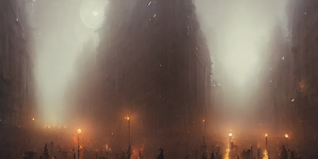 Prompt: a parade in a heavy swirling fog, soft lighting, night, stephen bliss, misty, unreal engine, fantasy art by greg rutkowski, loish, rhads, ferdinand knab, makoto shinkai and lois van baarle, ilya kuvshinov, rossdraws, tom bagshaw, illustration, detailed and intricate environment