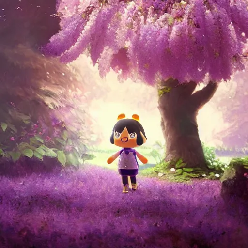 Image similar to animal crossing skye under Wisteria, floral explosion, radiant light, vortex of plum petals, oil painting, Tooth Wu, Greg Rutkowski, RPG portrait, dynamic lighting, fantasy art, High contrast, depth of field