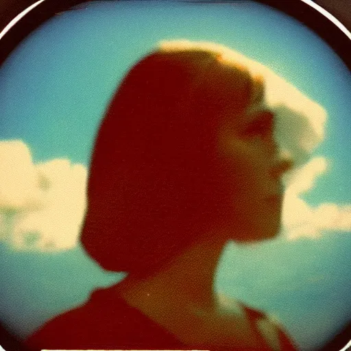 Image similar to vintage polaroid of a beautiful woman spotting a ufo in the sky, seen from behind, detailed clouds, warm azure tones, red color bleed, film grain