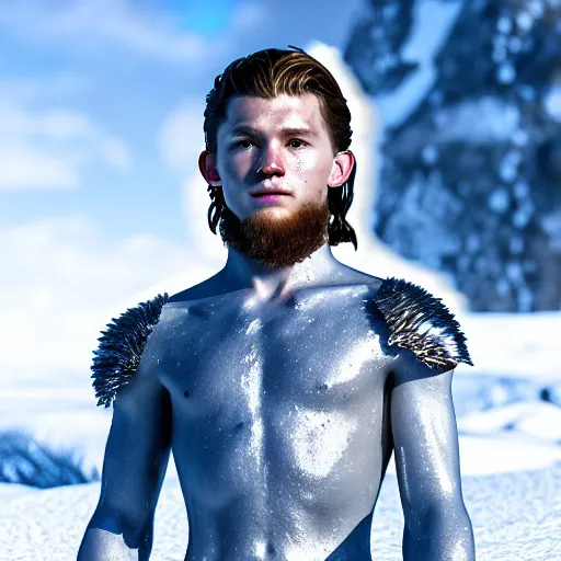 Prompt: photography of a hyper realistic crystal clear ice statue of tom holland as a viking warrior god. stuning, intricate, complexe. snowy mountains dream landscape. professional digital art, unreal engine 5