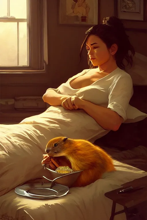 Image similar to groundhog cooking meth lies on the bed, realistic portrait, highly detailed, digital painting, artstation, concept art, smooth, sharp focus, illustration, cinematic lighting, art by artgerm and greg rutkowski and alphonse mucha