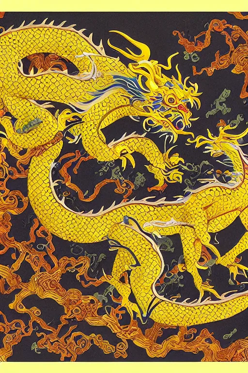 Prompt: chinese zodiac dragon, by james jean, eyvind earle, china gold clocor scheme