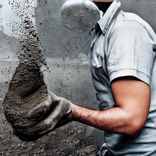 Prompt: realistic cement truck driver eating a bowl of wet cement, magazine photo