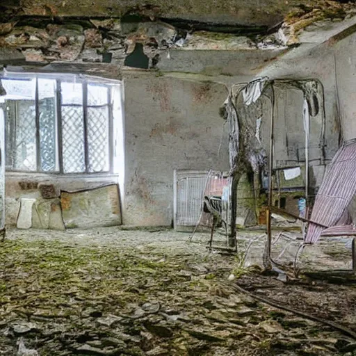 Prompt: badly lit photo of an abandoned hospital floor, flickering lights, creepy atmosphere