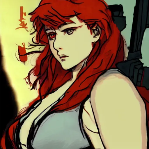 Image similar to chubby beautiful redhead nerd with thick eyebrows, yoji shinkawa