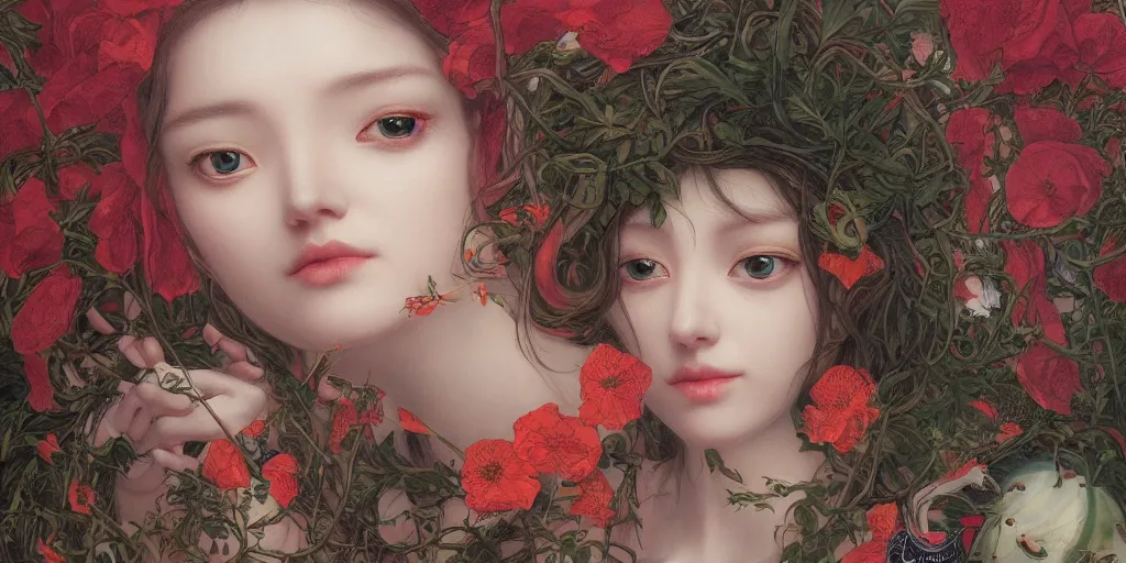 Image similar to breathtaking detailed concept art painting of the goddess of poppy flowers, orthodox saint, with anxious, piercing eyes, ornate background, amalgamation of leaves and flowers, by hsiao - ron cheng and john james audubon and miho hirano, extremely moody lighting, 8 k