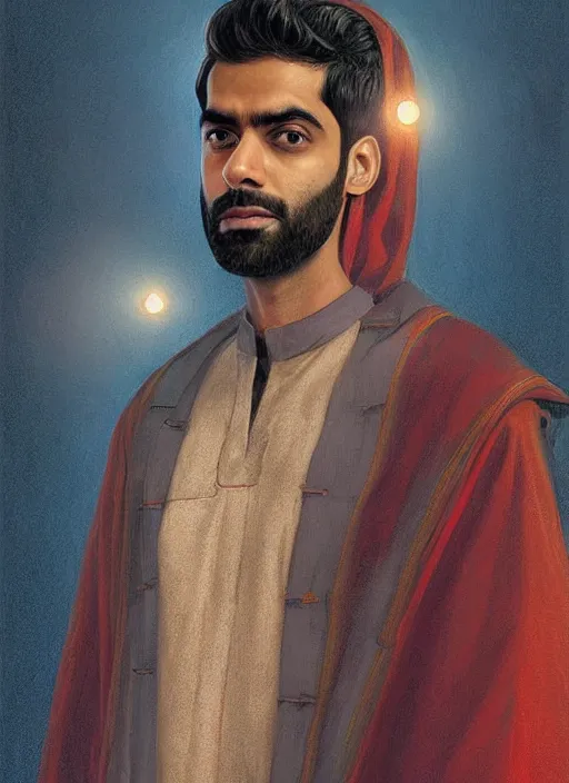 Prompt: portrait of Rahul Kohli in Midnight Mass (2021), highly detailed, centered, solid color background, digital painting, artstation, concept art, smooth, sharp focus, illustration, Jason Edmiston, donato giancola, Joseph Christian Leyendecker, Les Edwards, Ed Repka, WLOP, Artgerm